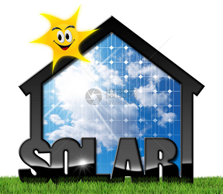 3D说明一座有太阳能电池板蓝天空和微笑的太阳的房子在绿色上图片