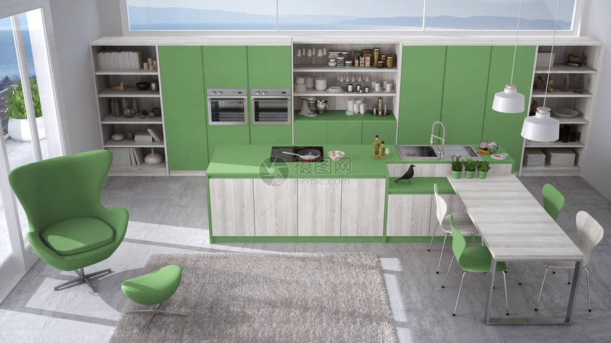 现代白色和绿色厨房图片