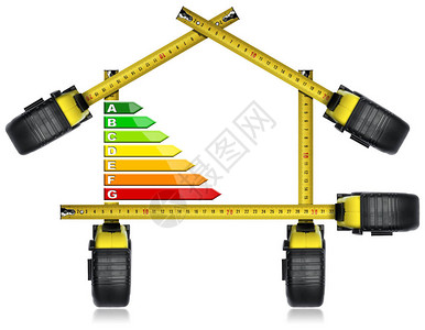 能源效率具有能源效率等级的房屋形状的卷尺在白图片