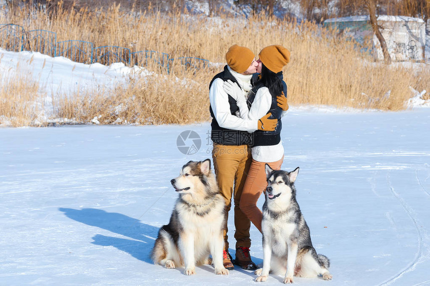 女孩和男孩欧洲外观在冬天的白雪中拥抱两只狗在外面玩耍年轻夫妇男女相爱图片