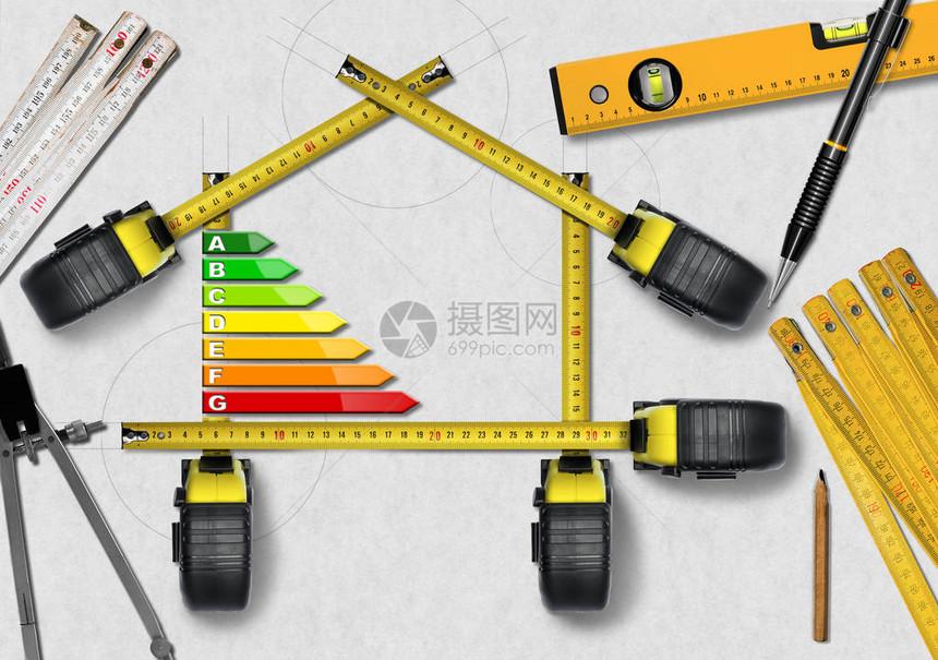 能源效率具有能源效率等级的房屋形状的卷尺生态图片