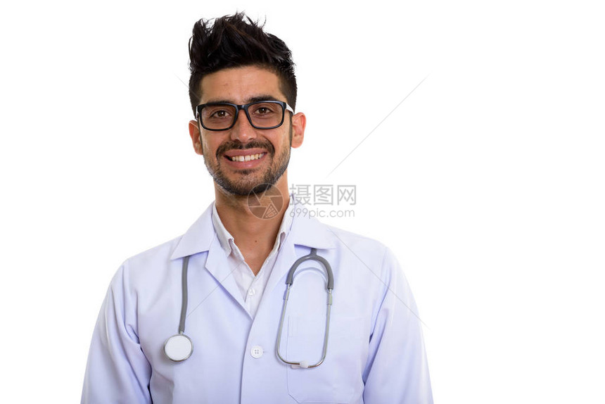 年轻快乐的波斯人医生在戴眼镜时微图片