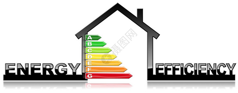 能源效率具有能源效率等级的房屋形状符号的3D插图在白图片