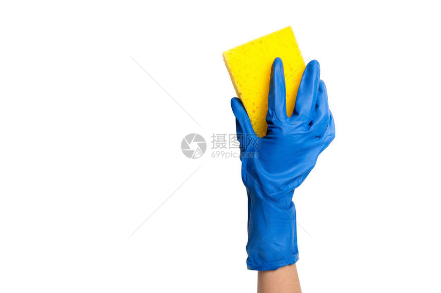 手戴蓝手套用白色背景孤图片
