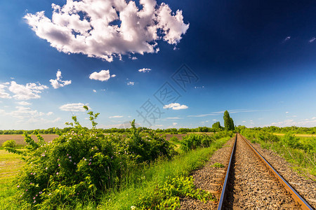 东欧边远农村地区古老的景象铁路春季在阳图片