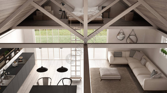 极简主义夹层阁楼厨房客厅和卧室木屋顶和镶木地板顶视图斯堪的纳维亚图片