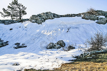 山石上的风景雪阳光下图片