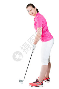 白种背景打高尔夫球的女图片