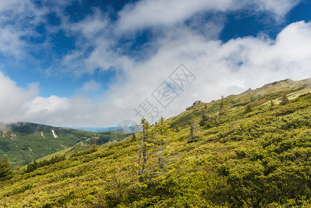查看山脉与快速移动的云层在山谷上空夏天山的风景有新鲜的绿色图片