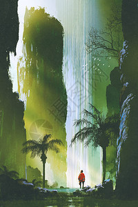 在岩石洞穴中壮观的大瀑布图片