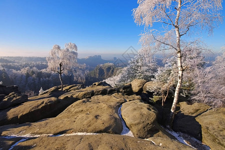 易北河砂岩山在冬天和白霜图片