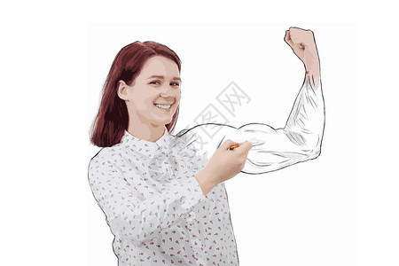 舒展肌肉的愉快的女实业家的例证设法画一个强有力的胳膊图片