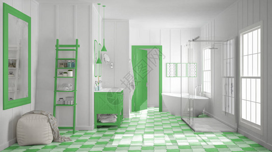 斯堪的纳维亚简约的白色和绿色浴室淋浴缸和装饰图片
