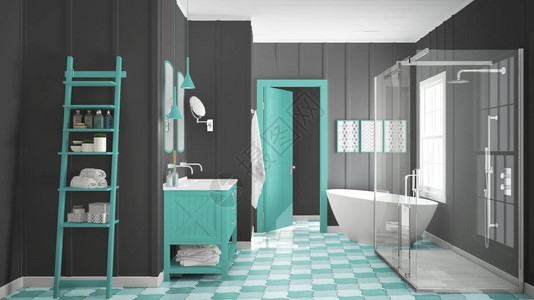斯堪的纳维亚简约的白色灰色和绿松石色浴室淋浴缸和装饰图片