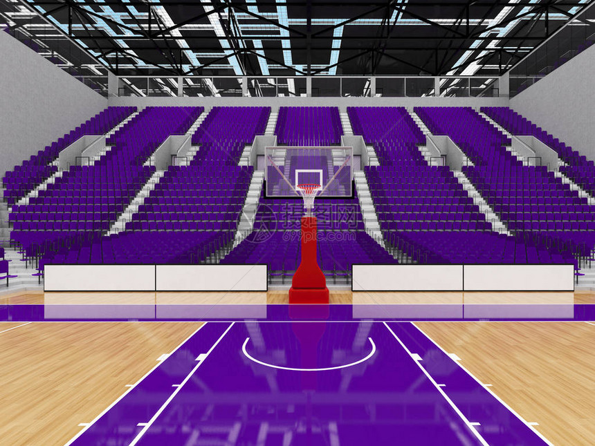 3D为一万人提供配有贵宾面包盒大灯和紫色椅子的篮球场制作了美丽的现图片