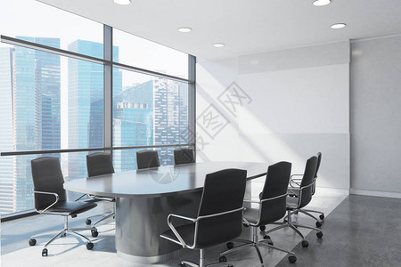 白色会议室内侧有一张长桌和两排黑色办公椅水平海报3D翻贴背景图片
