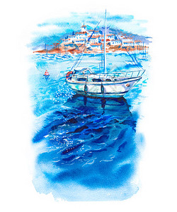 夏日阳光水彩风景与蔚蓝的大海船只游艇蓝天和白色的沿海城市图片