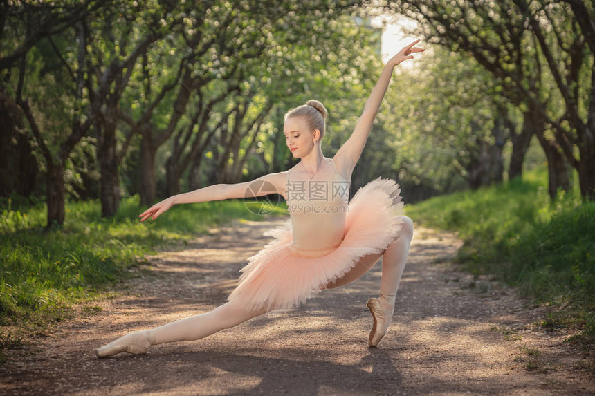 穿着白色芭蕾舞短裙在绿色景观中跳舞的完美身材的年轻女子美丽的芭蕾舞女演员展示经典芭蕾姿势女柔情图片