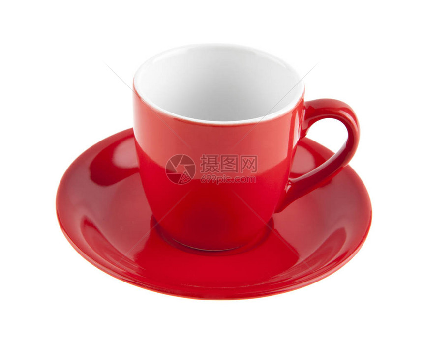 白色背景特写上孤立的红色咖啡杯图片