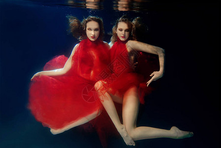 水下肖像有两个年轻美女在游泳池穿红色时装的红裙子和化妆图片