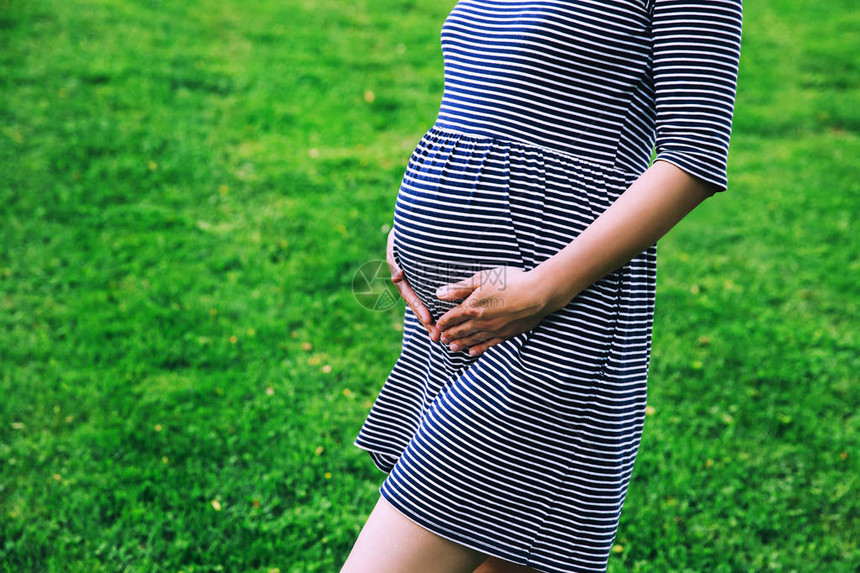 大自然户外复制空间中孕妇腹部的特写穿着裙子的孕妇在绿草的自然背景上把手放在肚子上怀孕图片