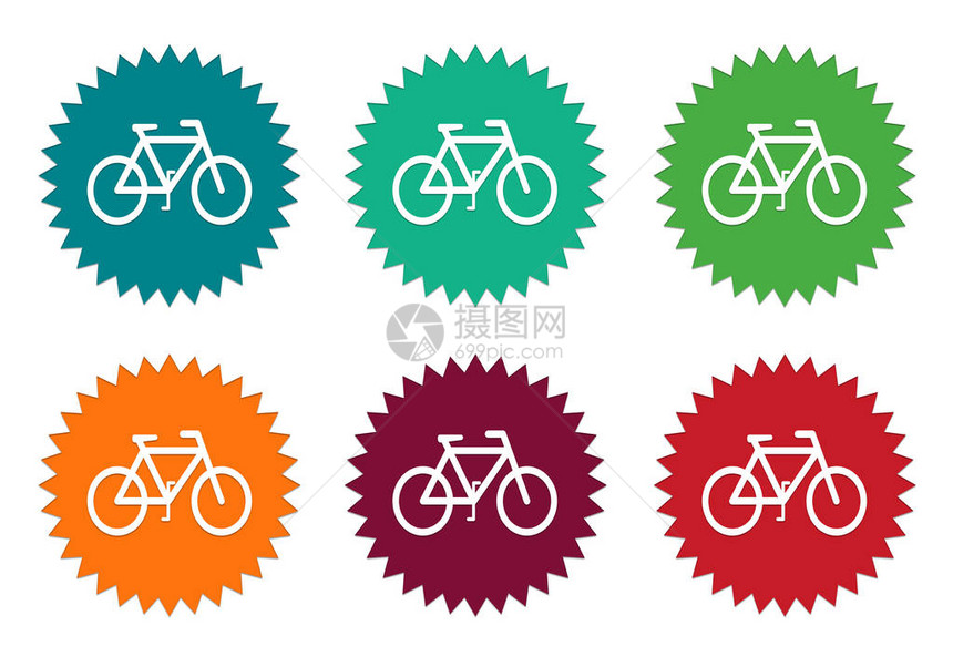 以蓝色绿色橙色红色和勃根底颜色标有自行车符号的多图片