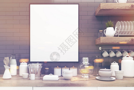 壁砖墙大木板盘子和厨房用具顶和一张架设的垂直海报3D装饰了被磨焦图片