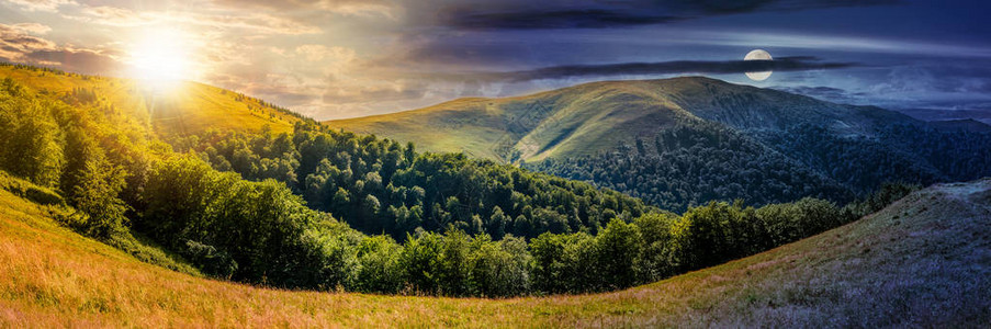 日夜变化的概念全景夏季景观的合成图像喀尔巴阡山脉森林附图片