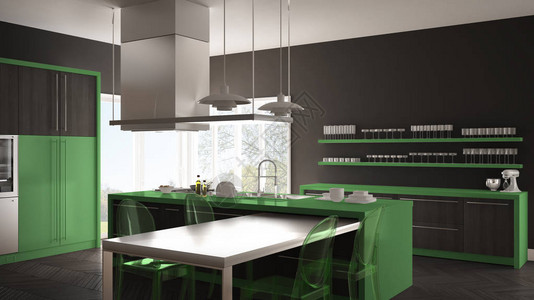 配备桌椅子和椰子地板灰色和绿色室内设计的最图片