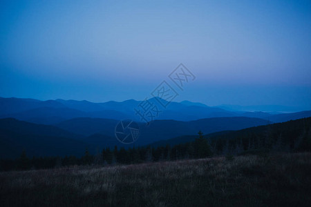 黄昏时分山上雄伟茂密的森林全景图片