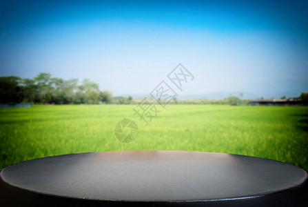选中的空焦距黑木桌和玉米田或草地模糊背景图片