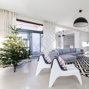 带有圣诞树白色和灰色家具的现代风图片