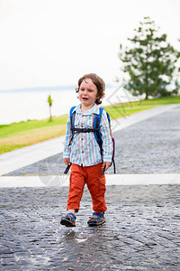 男孩在公园里散步并哭泣孩子沿着堤岸走孩子走在新鲜空气中男图片