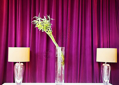 天鹅绒窗帘背景下的时尚灯具照片图片