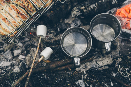 用鸡肉和杯子用水和murshmallow的篝火顶视图图片