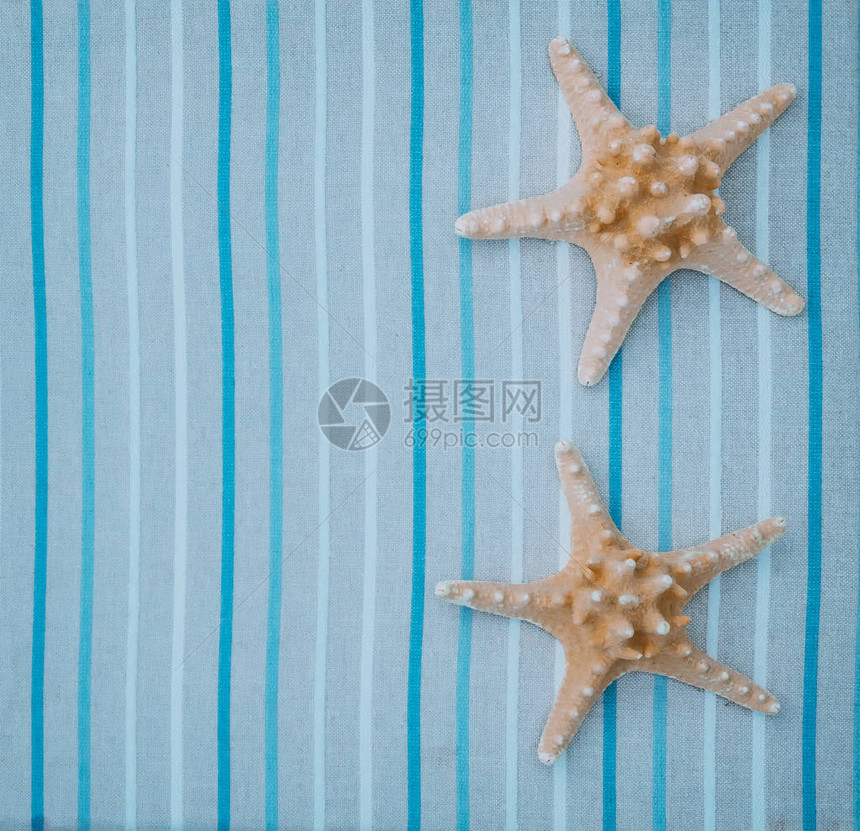 蓝色条纹背景上的海星夏季海上度假背景与星鱼渔网贝图片
