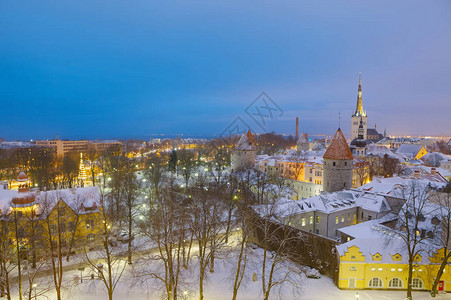 在爱沙尼亚塔林公园和老城风景中冬图片
