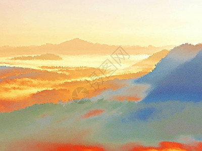 在美丽的山丘中唤醒迷雾山峰从雾中涌现出来图片