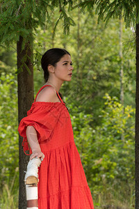 一个穿红裙子的女孩站在森林的木桥图片