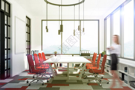会议室内部配有一张长的白色桌子两排红色椅子和一个全景窗户女士3d渲染图片