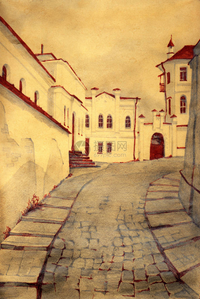 古老的堡垒古老的市中心风景东正教基辅佩乔尔斯克修道院遗产棕褐色铅笔手绘风景粗略的复古蚀刻风格和白色天空纹理背景图片