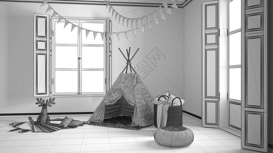 带家具地毯和帐篷两扇全景窗户斯堪的纳维亚室内设计的儿童图片