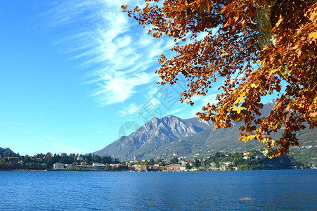意大利科莫湖上红黄相间的秋叶与美丽的山景图片