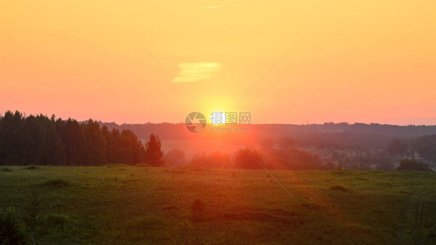 明亮的黄色太阳圆盘位于森林的地平线和电力线的塔楼上图片