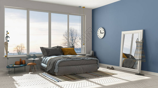 彩色现代白色和蓝色卧室图片