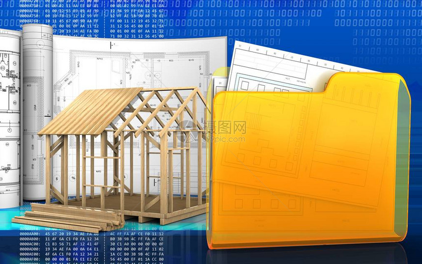 3d以数字背景图纸说明框架房屋建造图图片