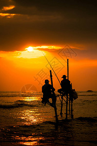 传统渔民在斯里兰卡日落时的轮椅Slican高清图片