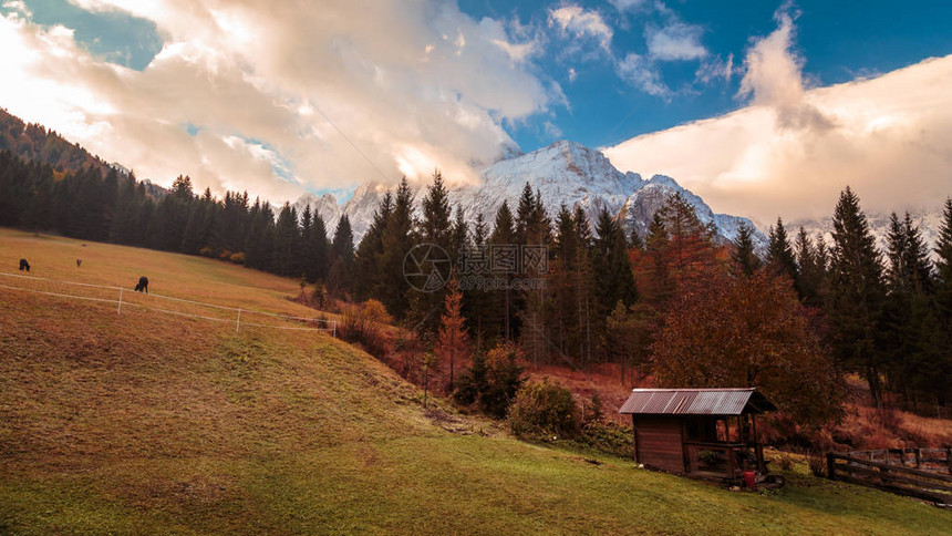 山谷中的一座高山小屋在多图片