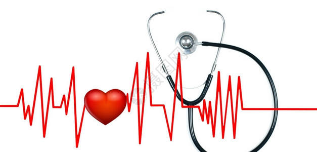 医疗听诊器和红心与白色背景上的心电图健康概念图片