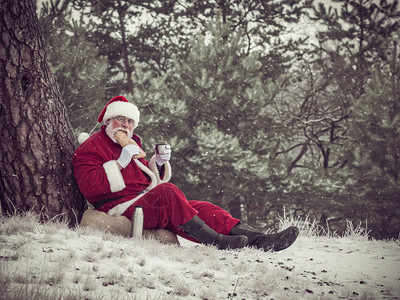 圣诞老人坐在松树旁边的麻袋上图片